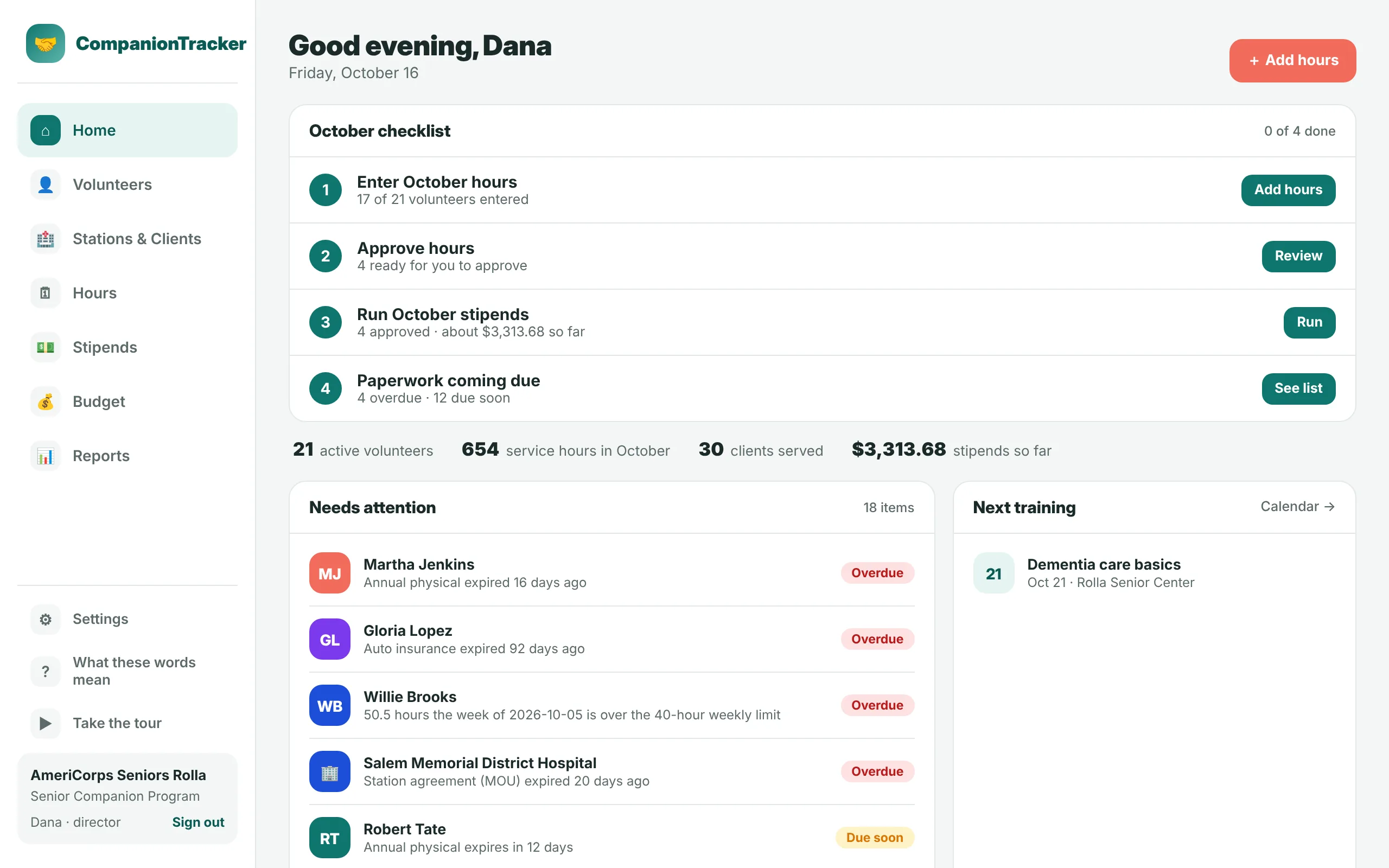 CompanionTracker home screen: the month's checklist — enter hours, approve hours, run stipends, paperwork coming due